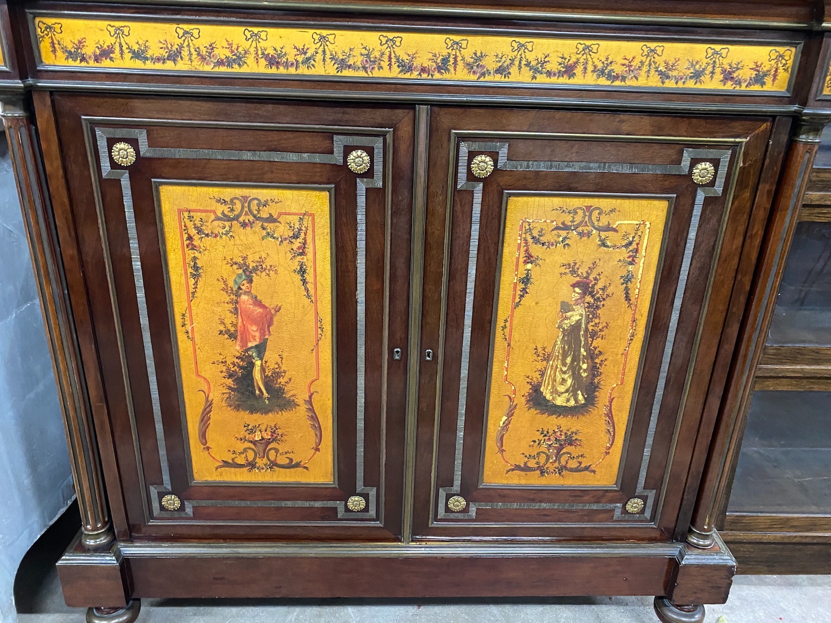 A French painted gilt metal mounted marble top side cabinet, width 118cm, depth 50cm, height 116cm